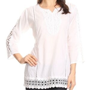 Sakkas Chloe 3/4 Sleeves Crochet Lace Top Tunic Women’s Size L Cotton White